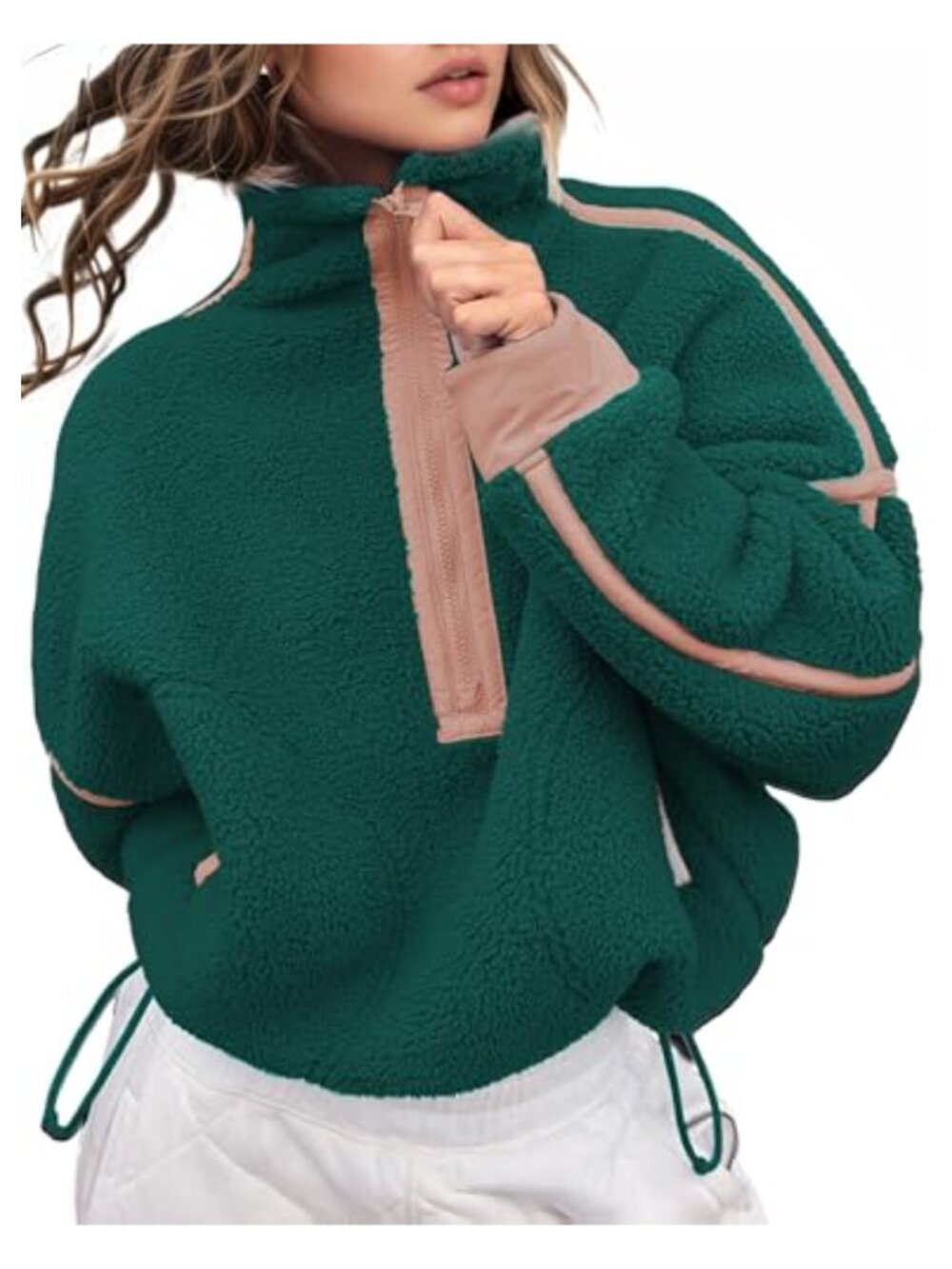 Fleece Half Zip Pullover Sweatshirt Long Sleeve Oversized Crop Top Hoodie Pocket